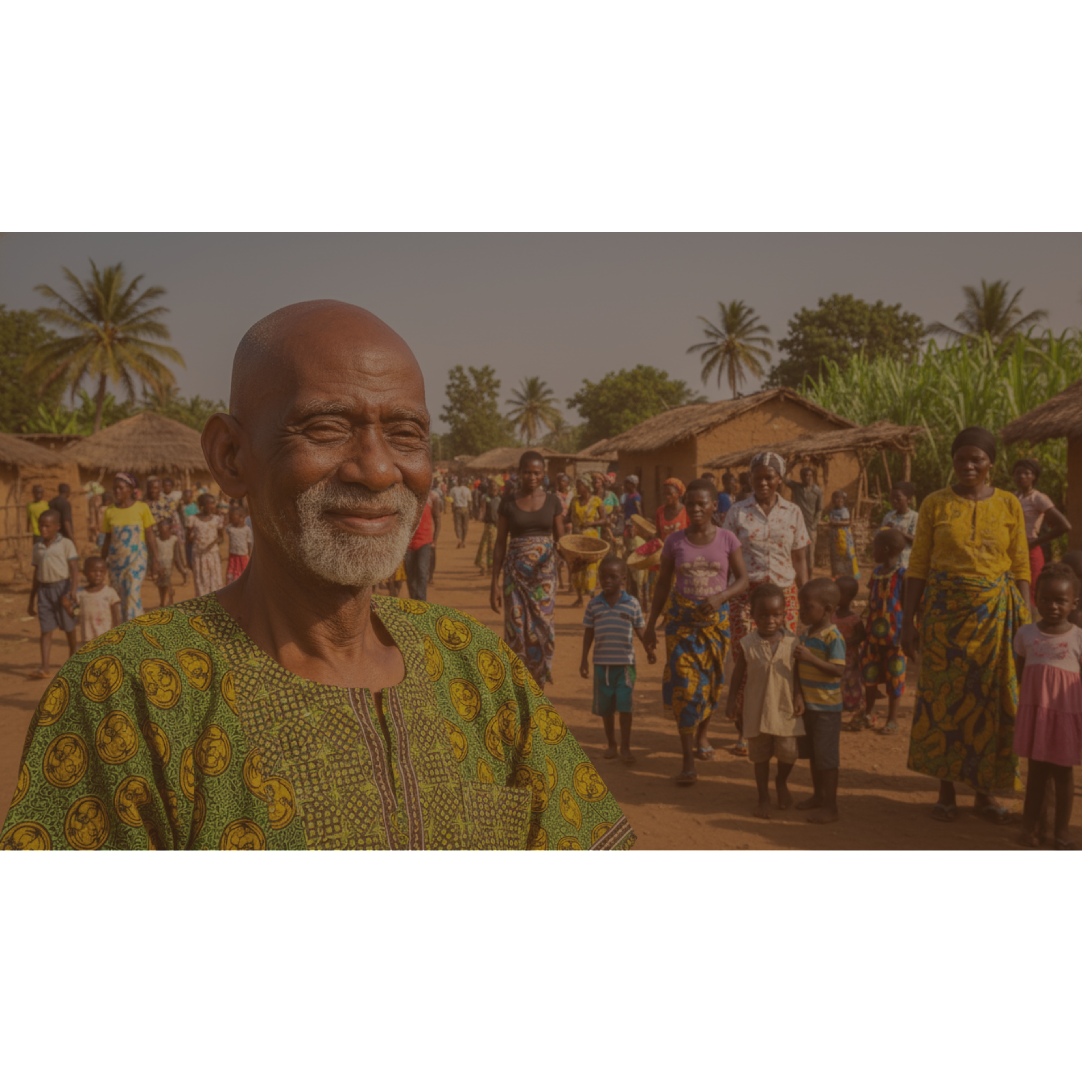An elderly man in a patterned shirt smiles as a group of people walk through a village.