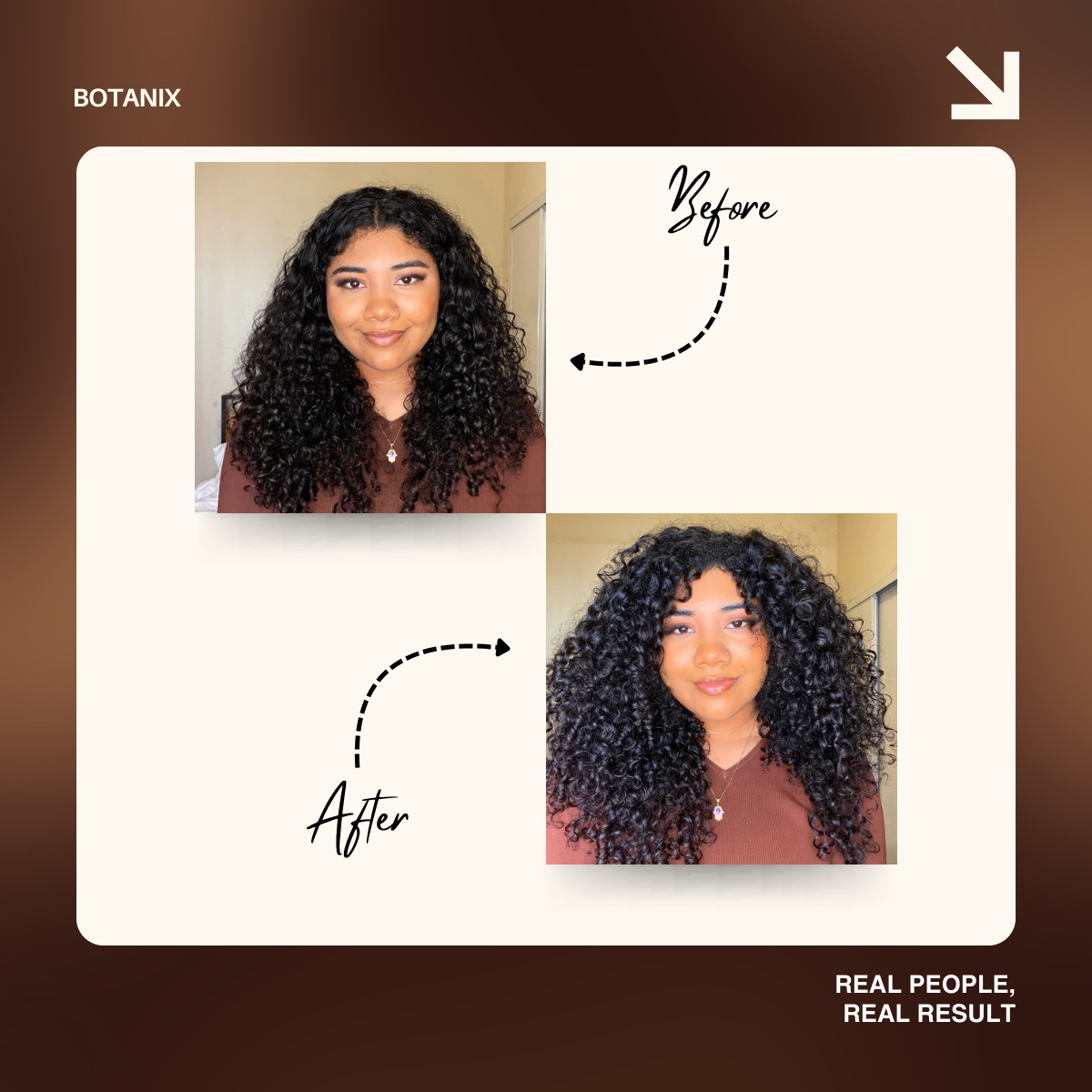 Before and after photos of a woman with curly hair, showing more defined and voluminous curls in the after photo.