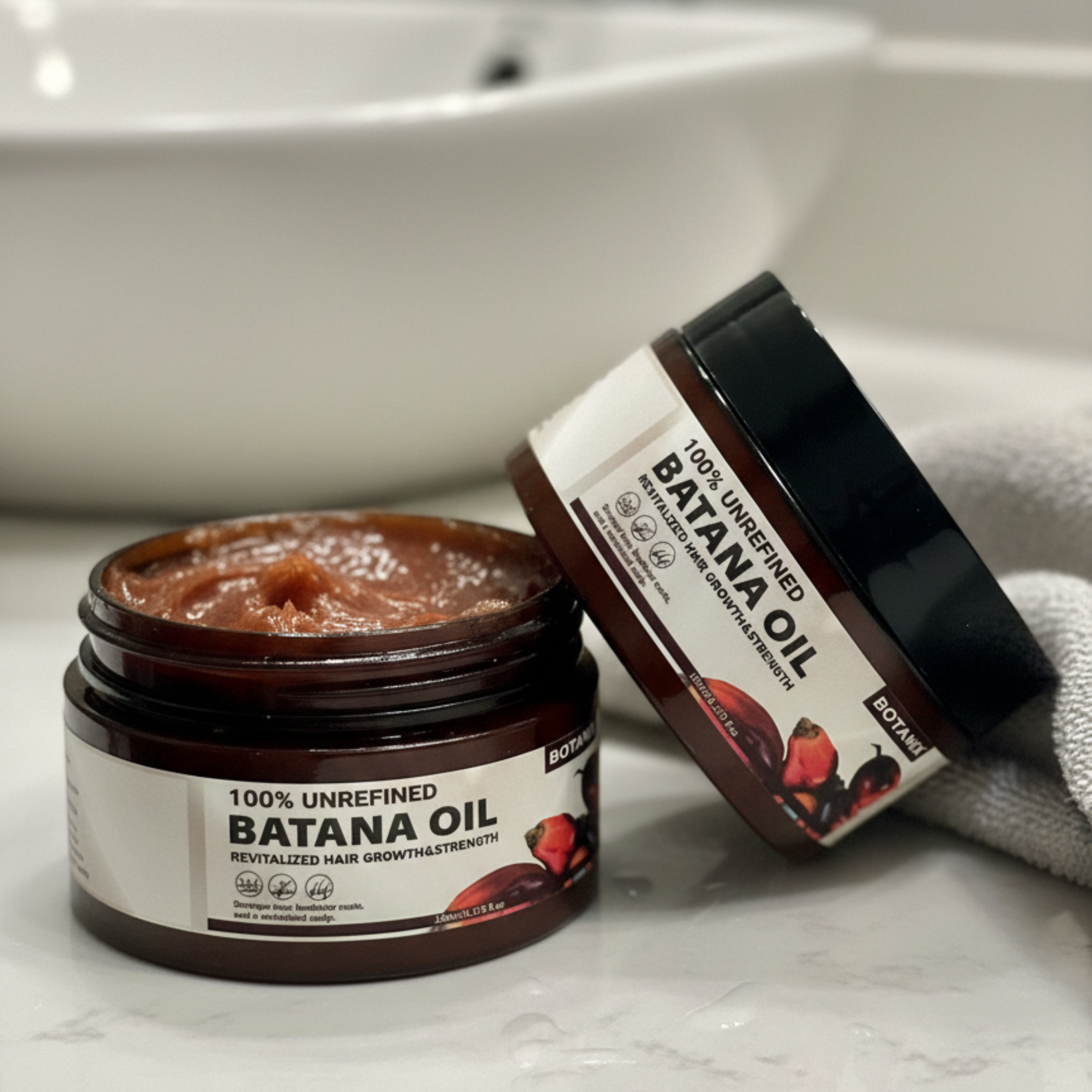 Two jars of 100% unrefined Batana oil, with brown substance inside.