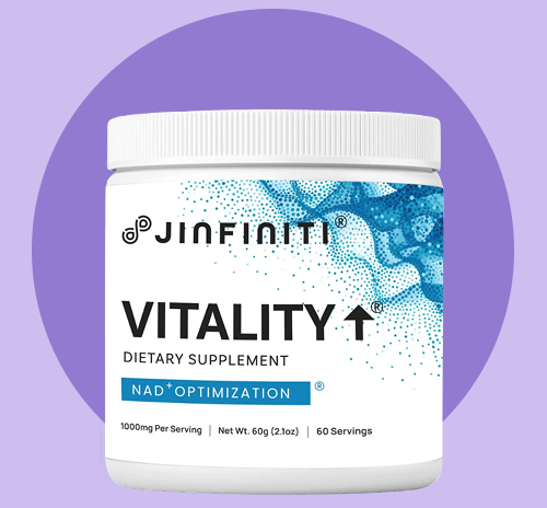 A white jar of Jinfiniti Vitality dietary supplement against a purple circular background.