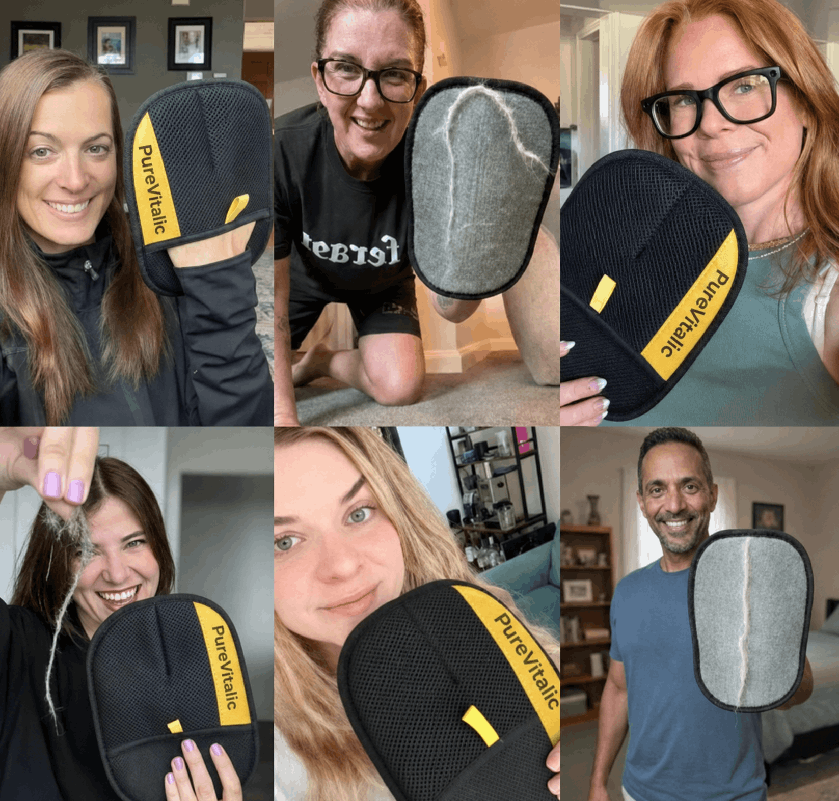 A photo collage of six different people holding a black and yellow grooming mitt, some showing removed hair.