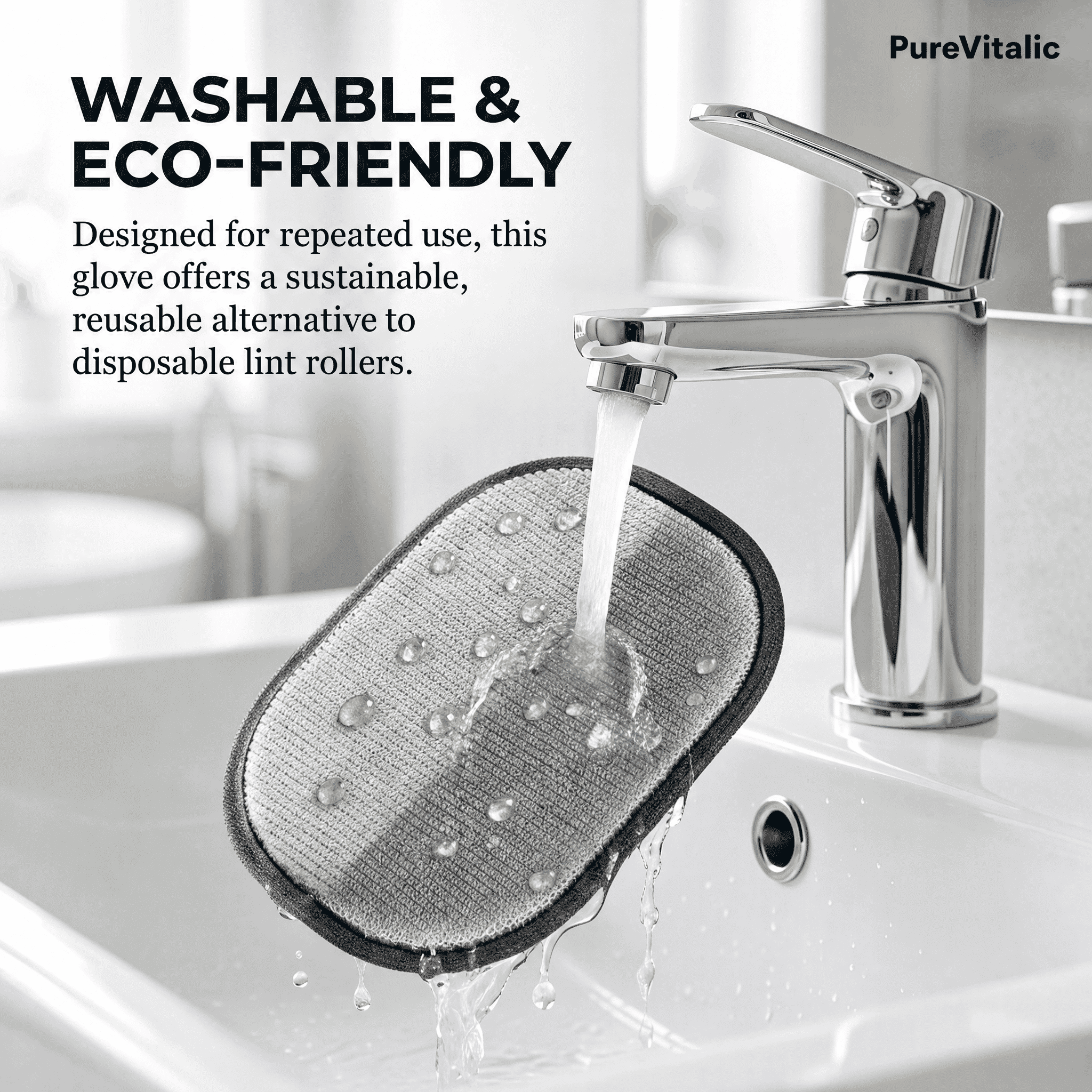 A reusable lint glove is being rinsed under a stream of water from a faucet into a sink.