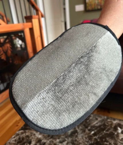 A person's arm wearing a gray, textured, oval-shaped mitt with black trim.