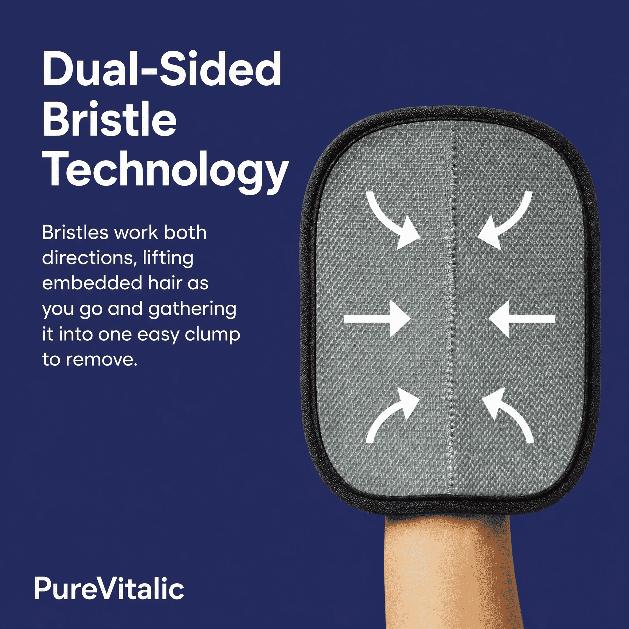 An advertisement showing a hand holding a dual-sided bristle hair remover tool against a blue background.