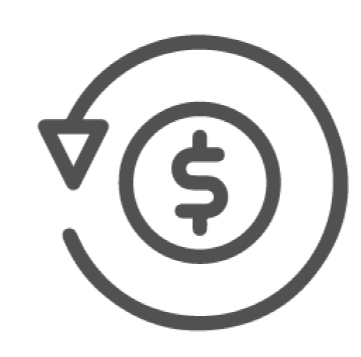 A gray icon of a circular arrow wrapping around a coin with a dollar sign.