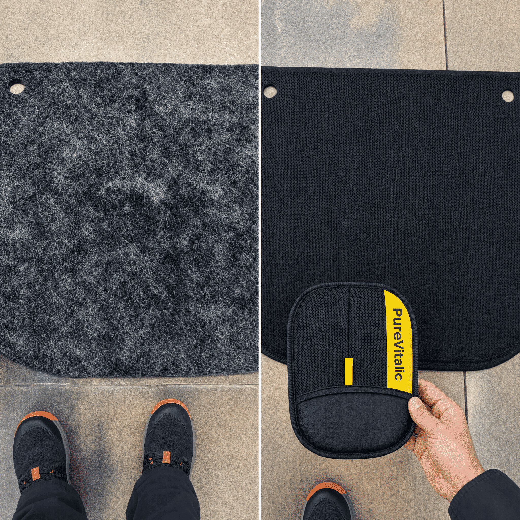 Split image comparing a gray fuzzy mat to its black mesh side, shown with its carrying case.