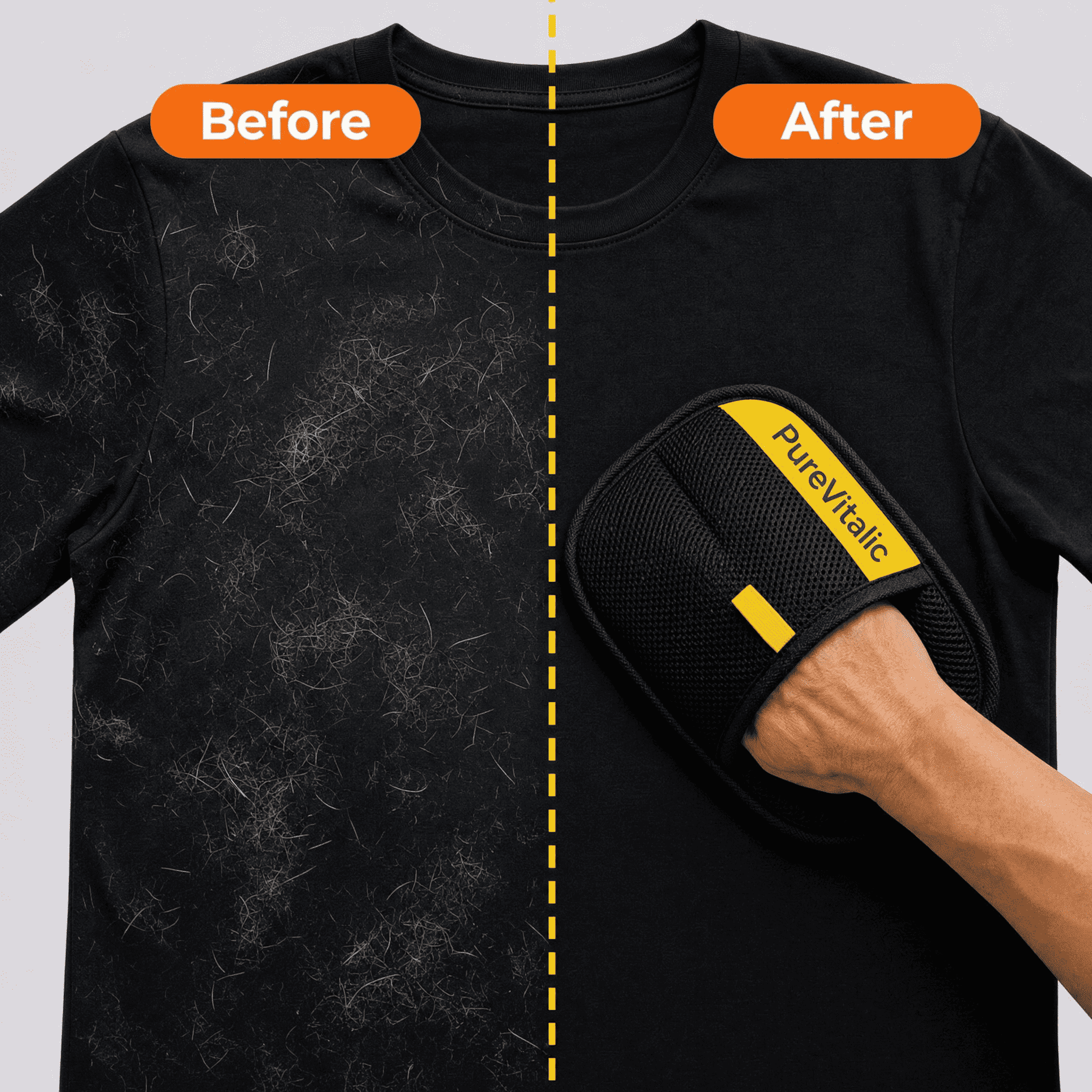 A before-and-after image showing a black t-shirt cleaned of pet hair with a removal tool.