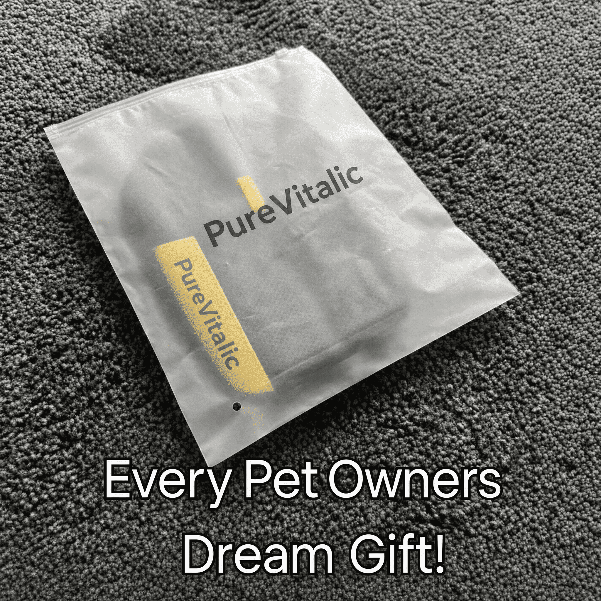 A PureVitalic product in its branded, translucent packaging, lying on a gray textured carpet.