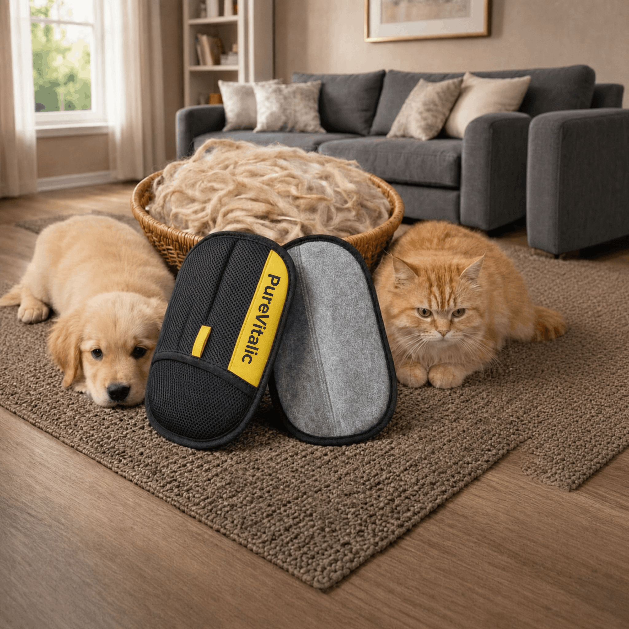 A puppy and a cat lie on a rug with slippers and a basket of fur.