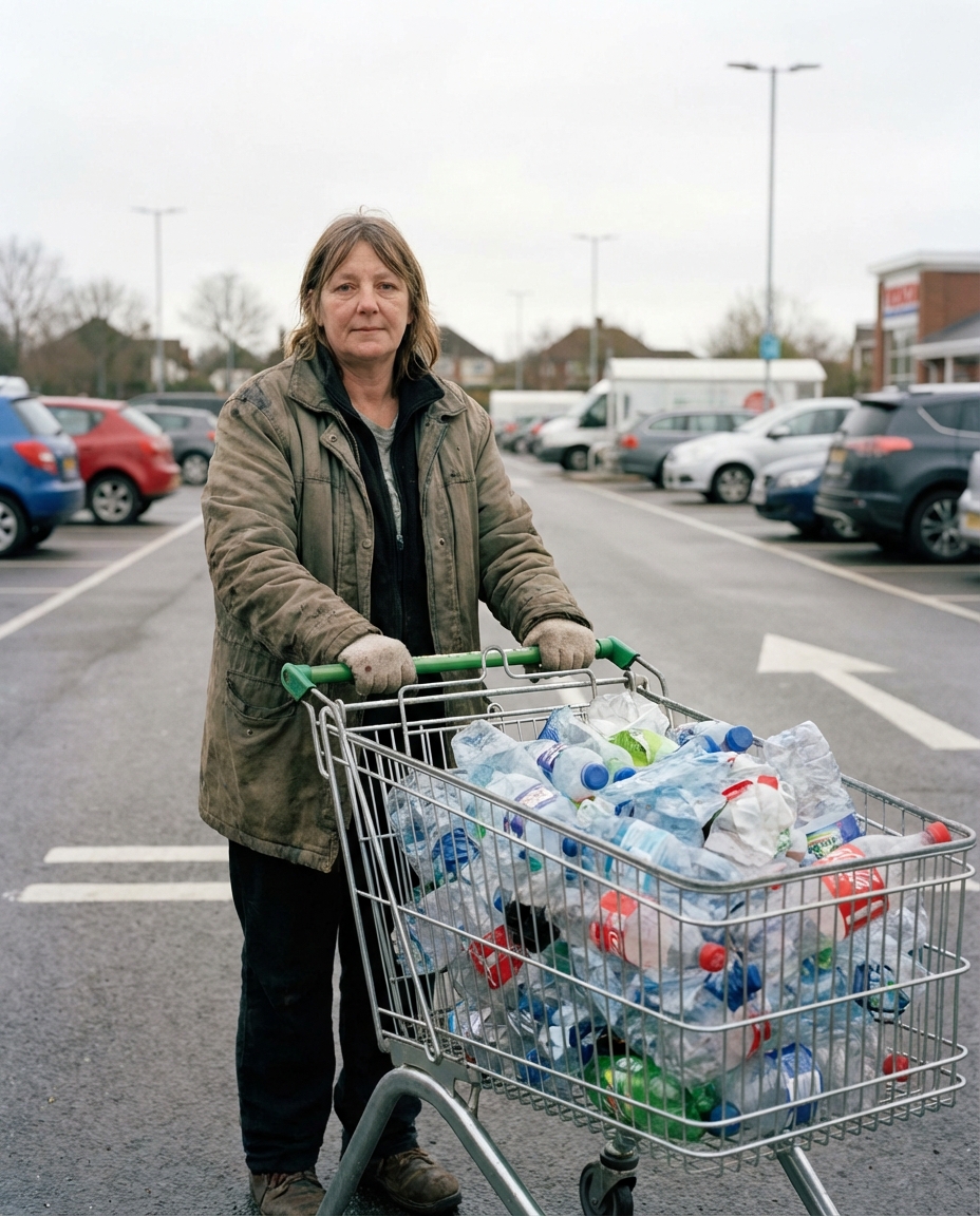 A woman in a parking lot pushes a shopping cart filled with empty plastic bottles.