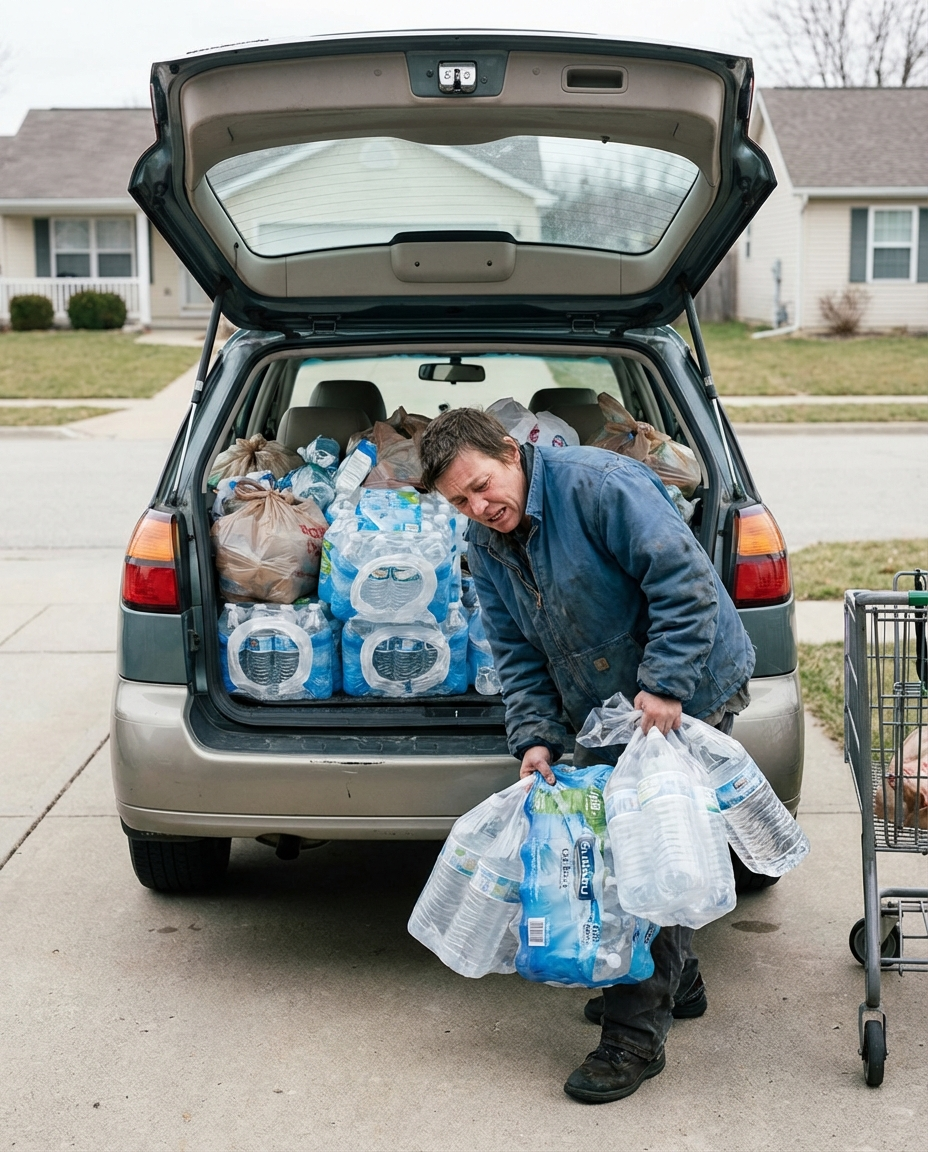 A man lifts heavy bags of bottled water from the trunk of a car packed with groceries.