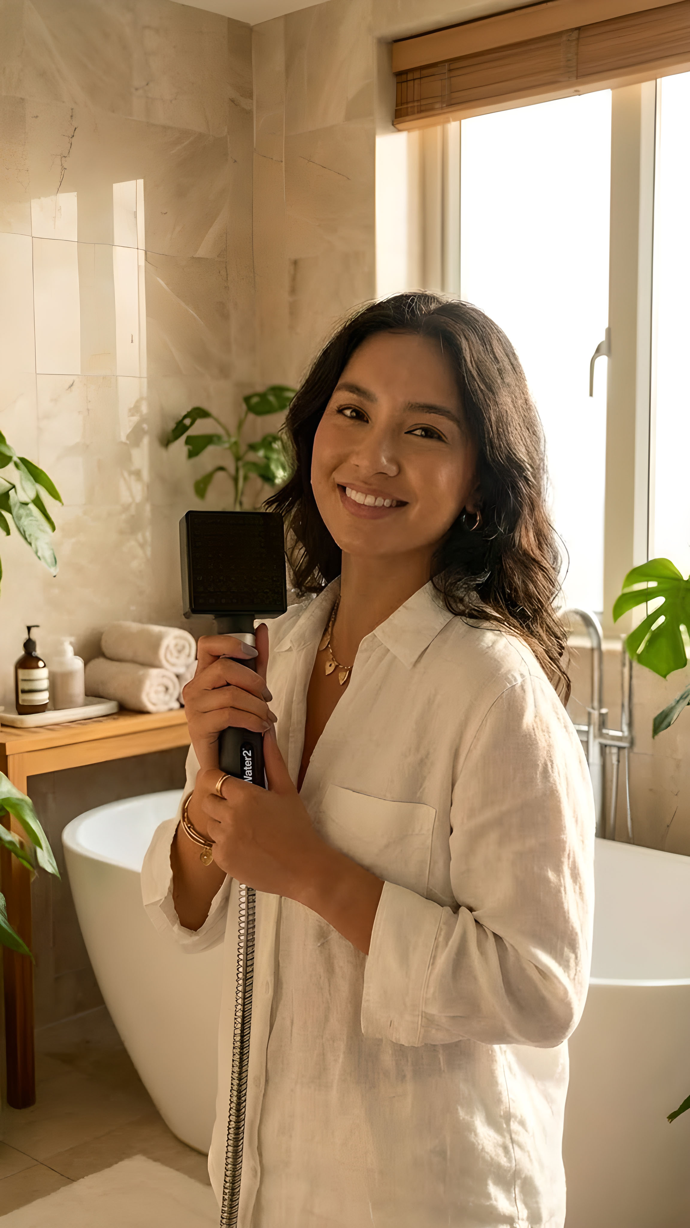 Person in a bathroom holding a showerhead, smiling, with plants and a bathtub in the background.