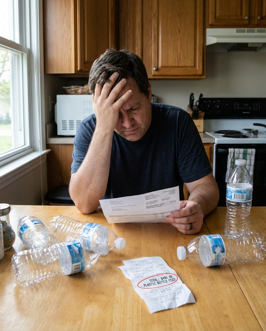 A stressed man looks at a large bill for plastic bottle fees, surrounded by empty water bottles on his table.