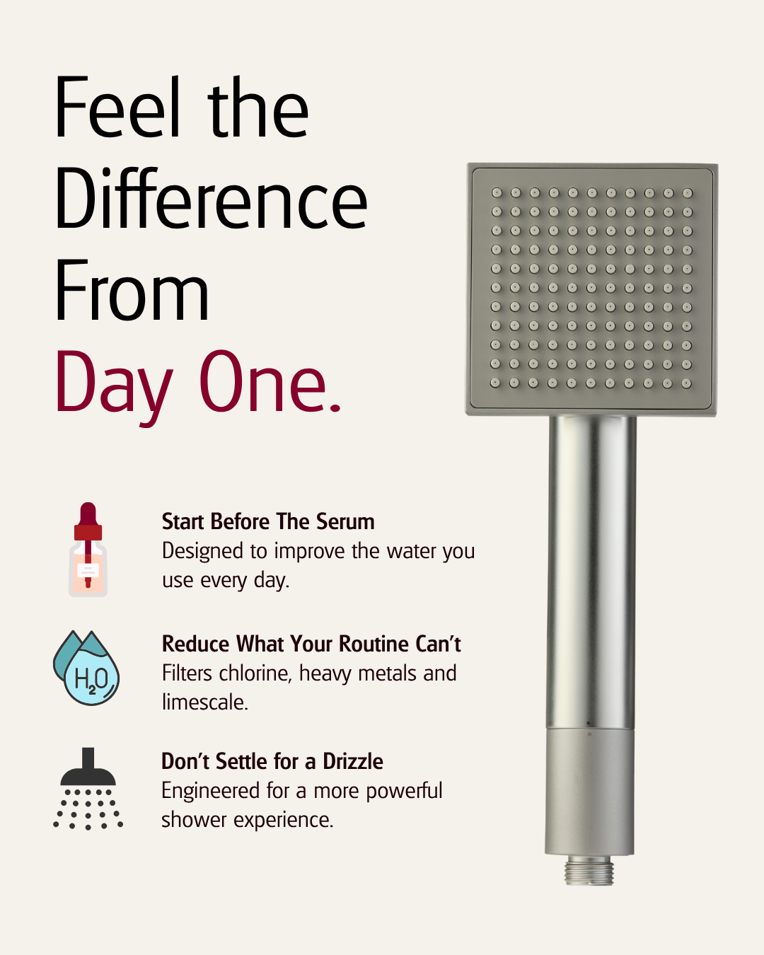 An infographic advertising a silver shower head, listing its benefits with text and icons.
