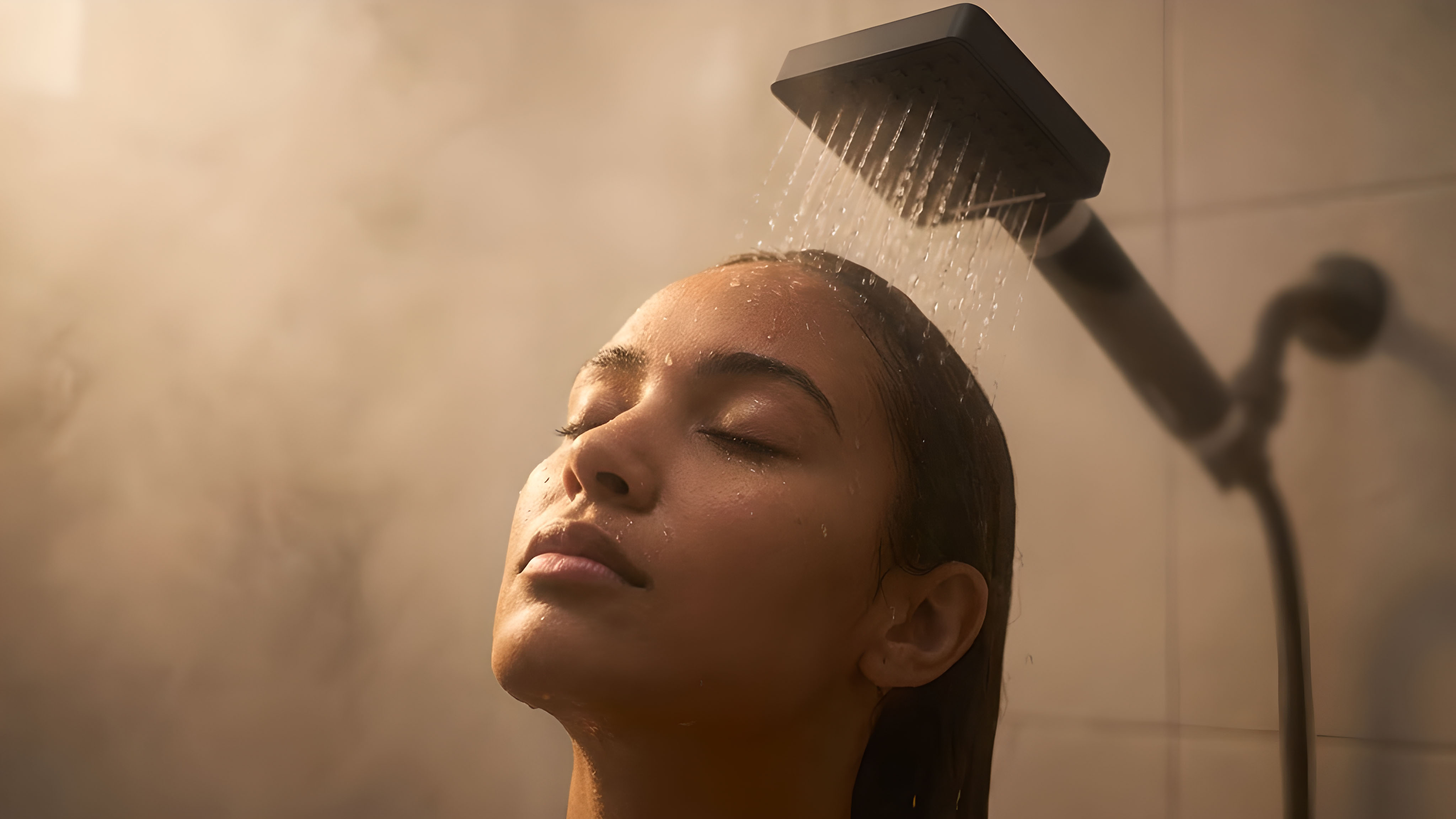 Person showering with closed eyes under a square showerhead.