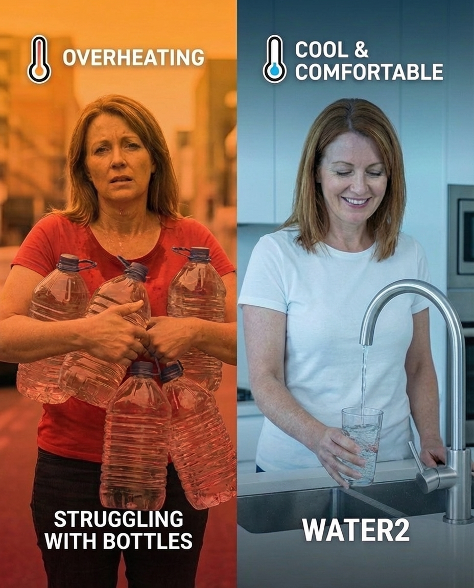 A split-screen ad contrasting a woman struggling with water bottles with her easily getting water from a kitchen tap.