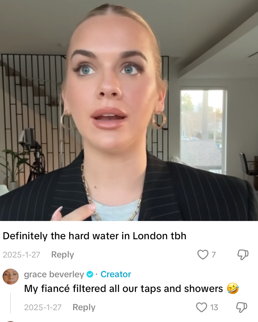 A screenshot of a social media post with a woman and comments about hard water in London.