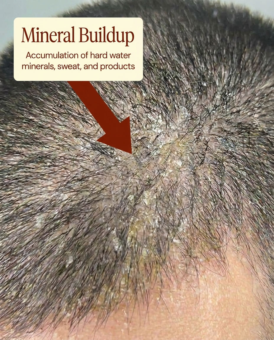 A close-up of a scalp with short hair showing flaky mineral buildup, pointed out by a label and arrow.
