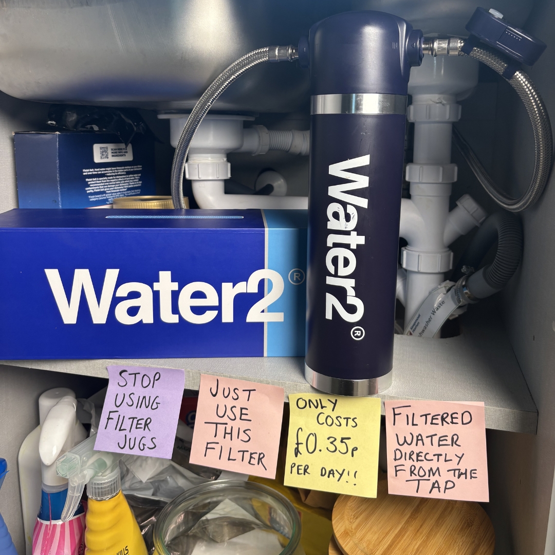 An under-sink water filter labeled 'Water2' with colorful notes highlighting benefits and costs.