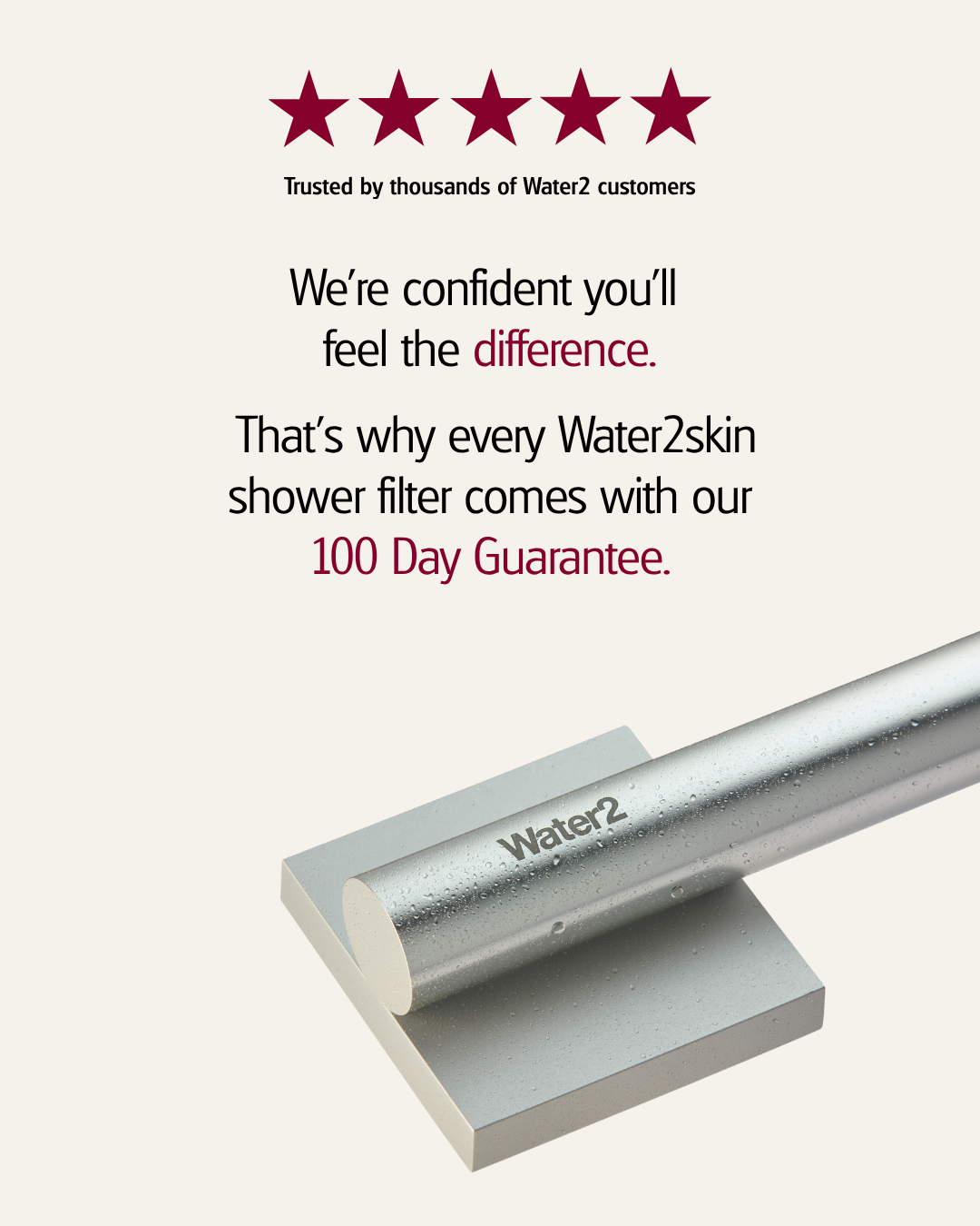 An ad for a Water2 shower filter, showing a five-star rating and a 100-day guarantee.
