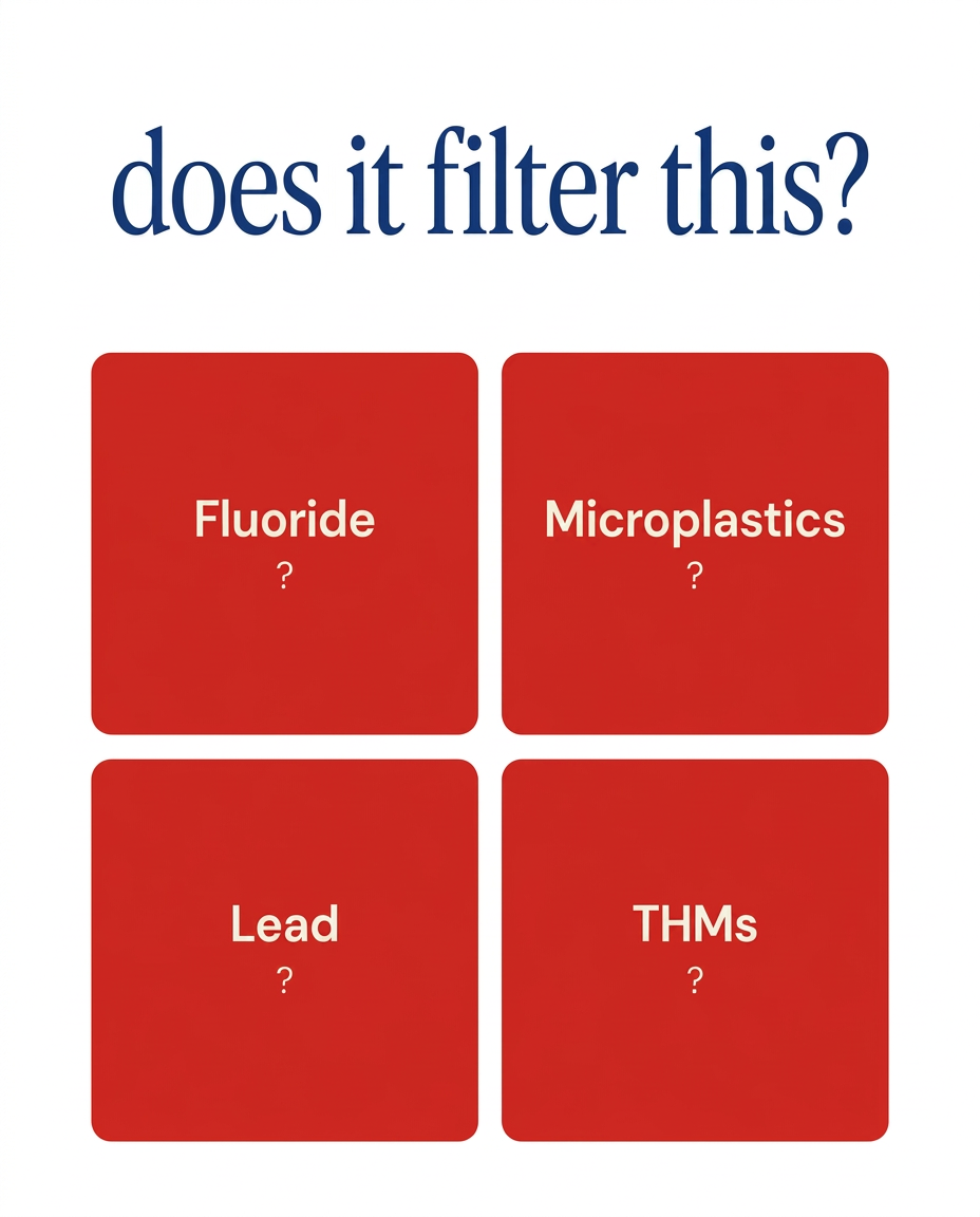 An infographic asking 'does it filter this?' with four red squares listing Fluoride, Microplastics, Lead, and THMs.