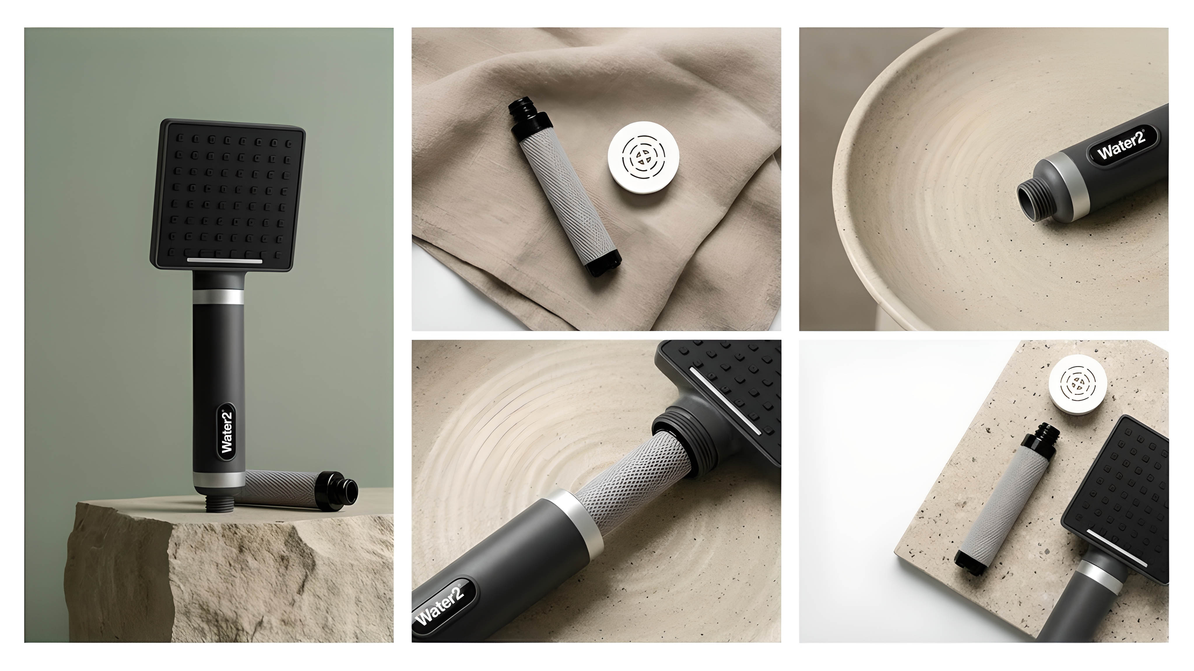 Collage showcasing a modern shower head with a filter and minimalist design.