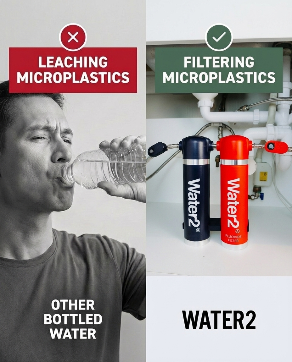 An ad comparing bottled water leaching microplastics to a Water2 system that filters them.