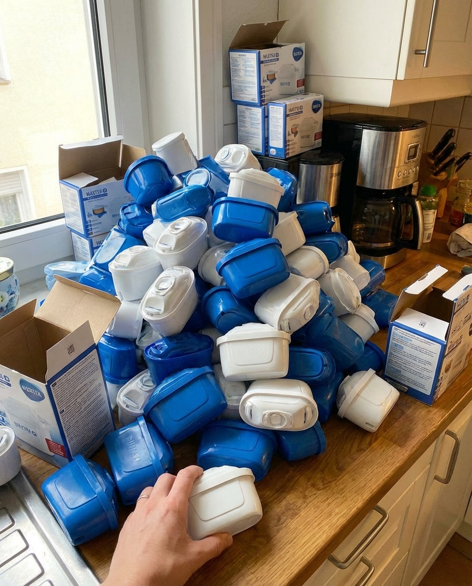 A large pile of blue and white water filter cartridges sits on a wooden kitchen counter.