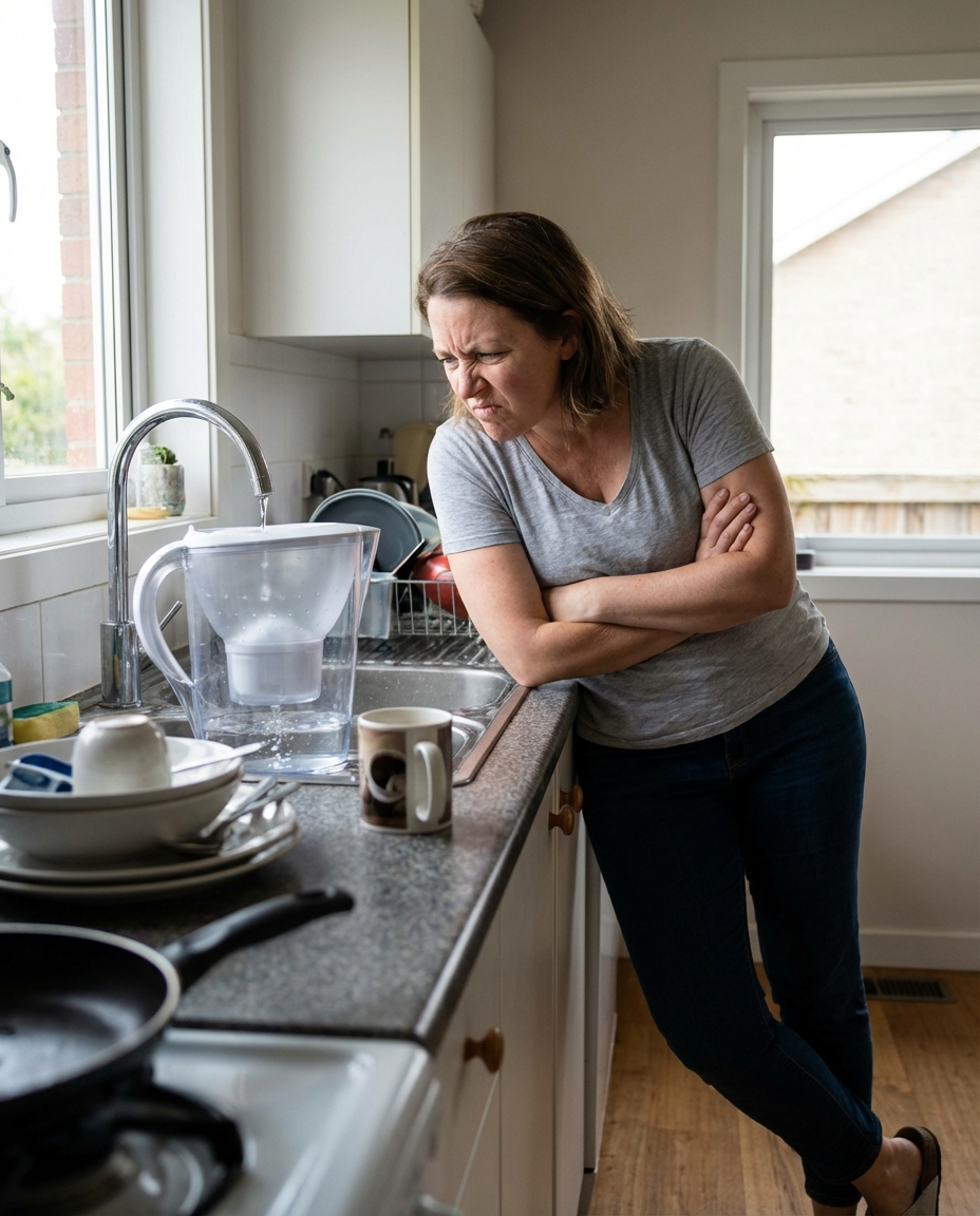 A woman with her arms crossed looks annoyed at a sink full of dirty dishes.