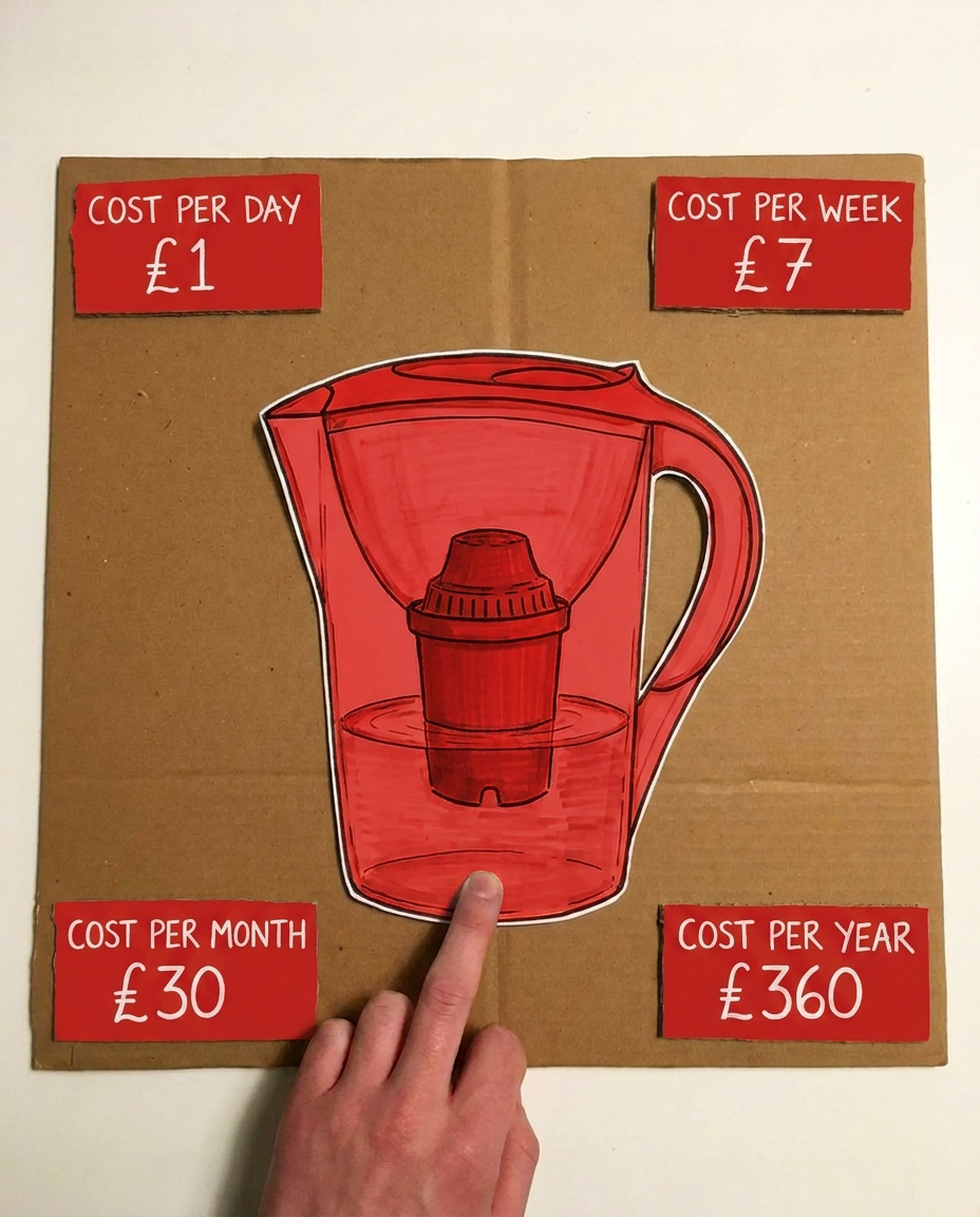 A handmade infographic on cardboard showing the cost breakdown of using a red water filter pitcher.