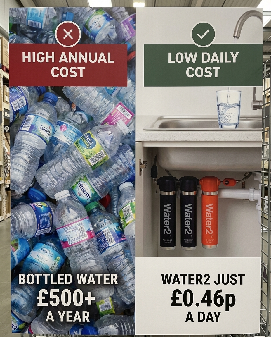 An advertisement comparing the high cost of bottled water to the low cost of a water filtration system.