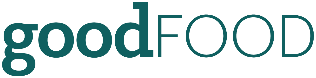 The text 'goodFOOD' in a stylized teal font on a muted green background.