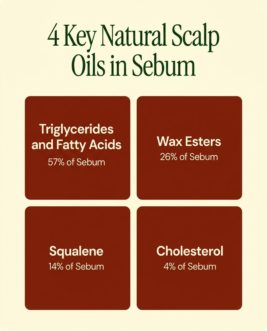 An infographic detailing the four key natural scalp oils in sebum and their respective percentages.