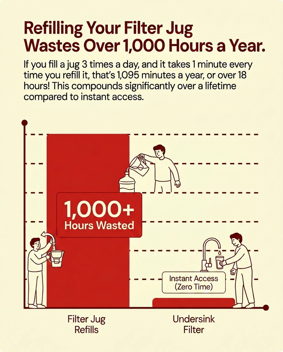 Infographic comparing time wasted refilling a filter jug versus using an undersink filter.