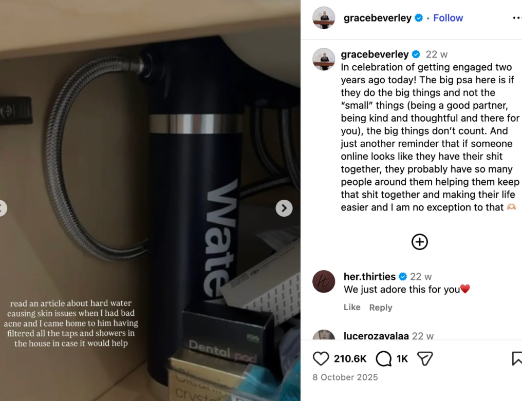 A screenshot of an Instagram post showing a water filter under a cabinet, with the caption alongside.