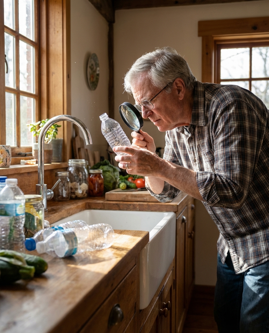 An older man in a kitchen uses a magnifying glass to inspect a plastic water bottle.
