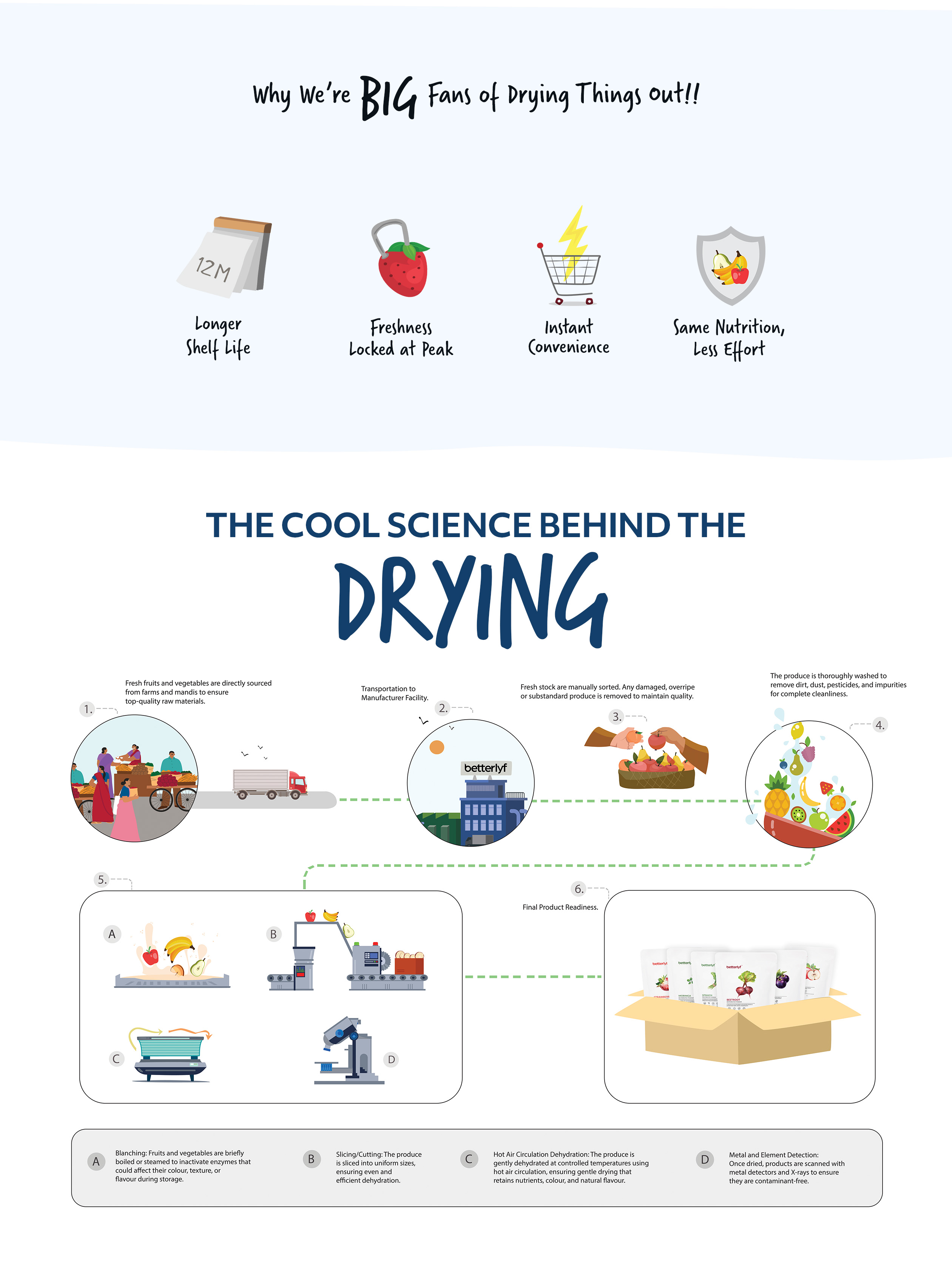 Infographic on the benefits and process of drying food, including transportation and packaging stages.