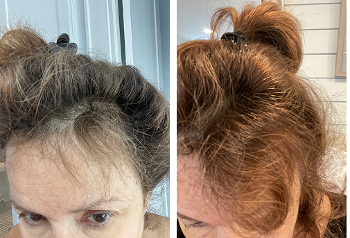Two side-by-side images of a woman's hair with a clip, showing different lighting.