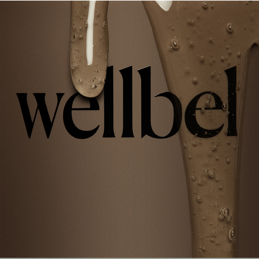 'wellbel' text with brown liquid and bubbles in the background.