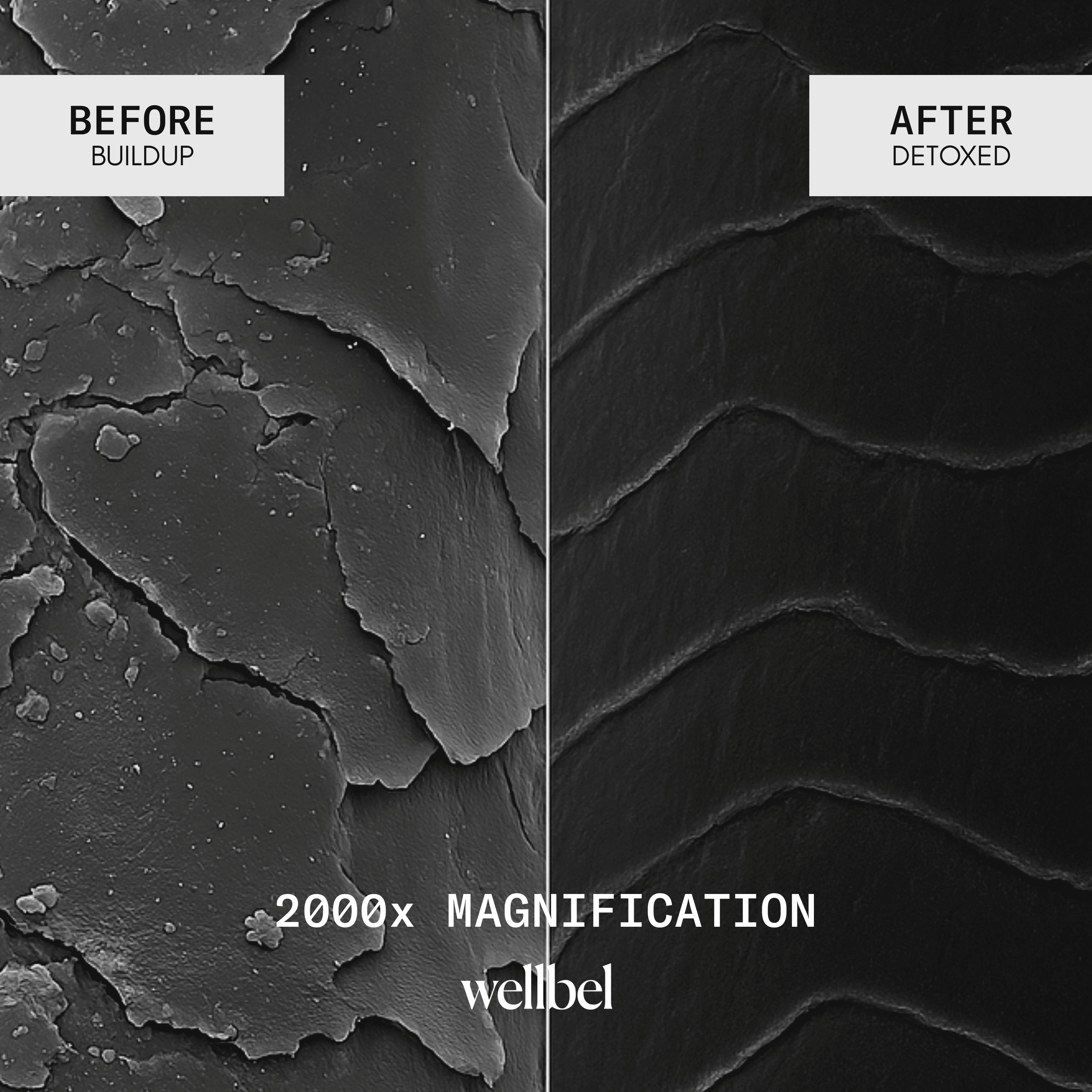 Microscopic comparison of hair before and after detox, showing buildup and smoothness.