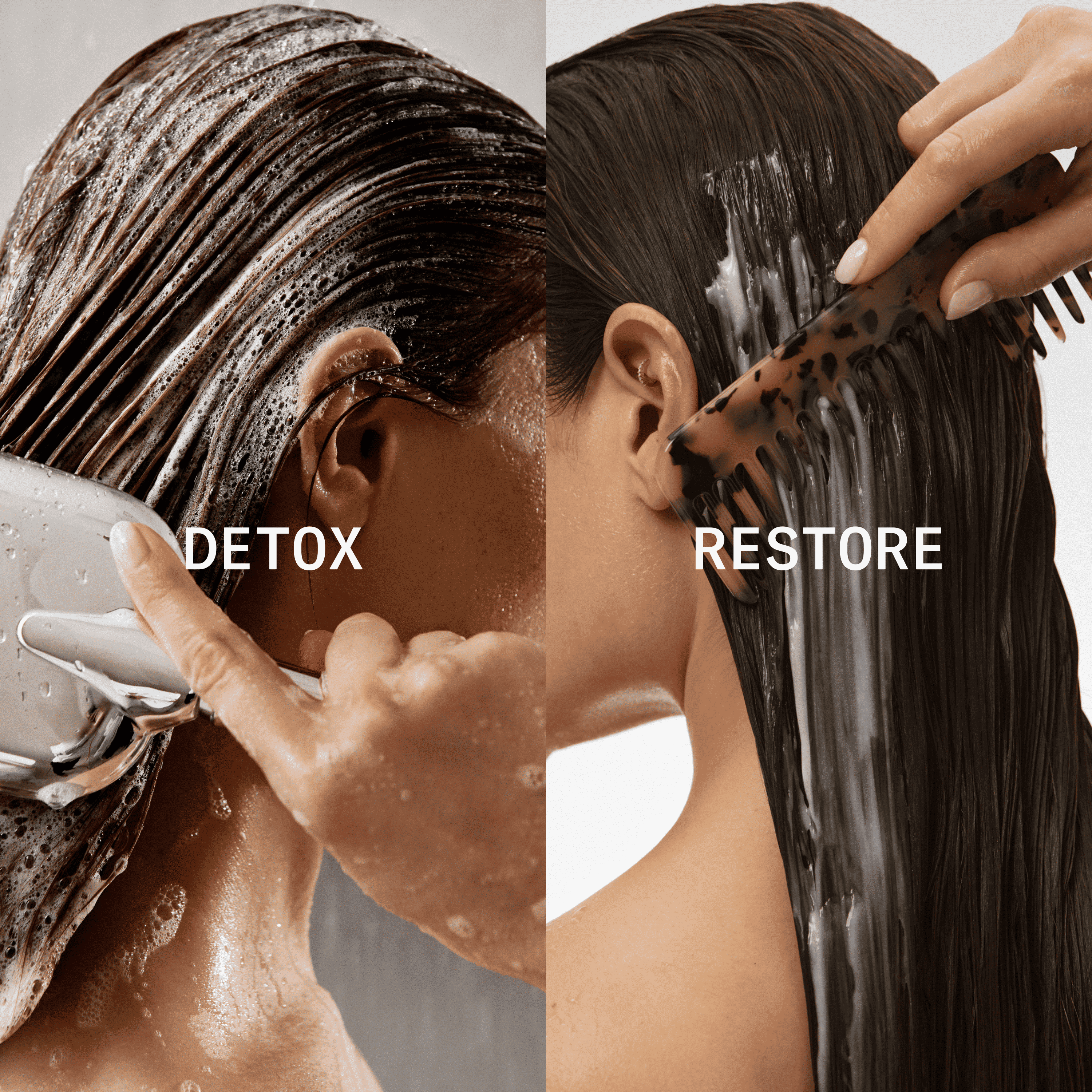 Split image showing hair washing and conditioning with 'Detox' and 'Restore' text.