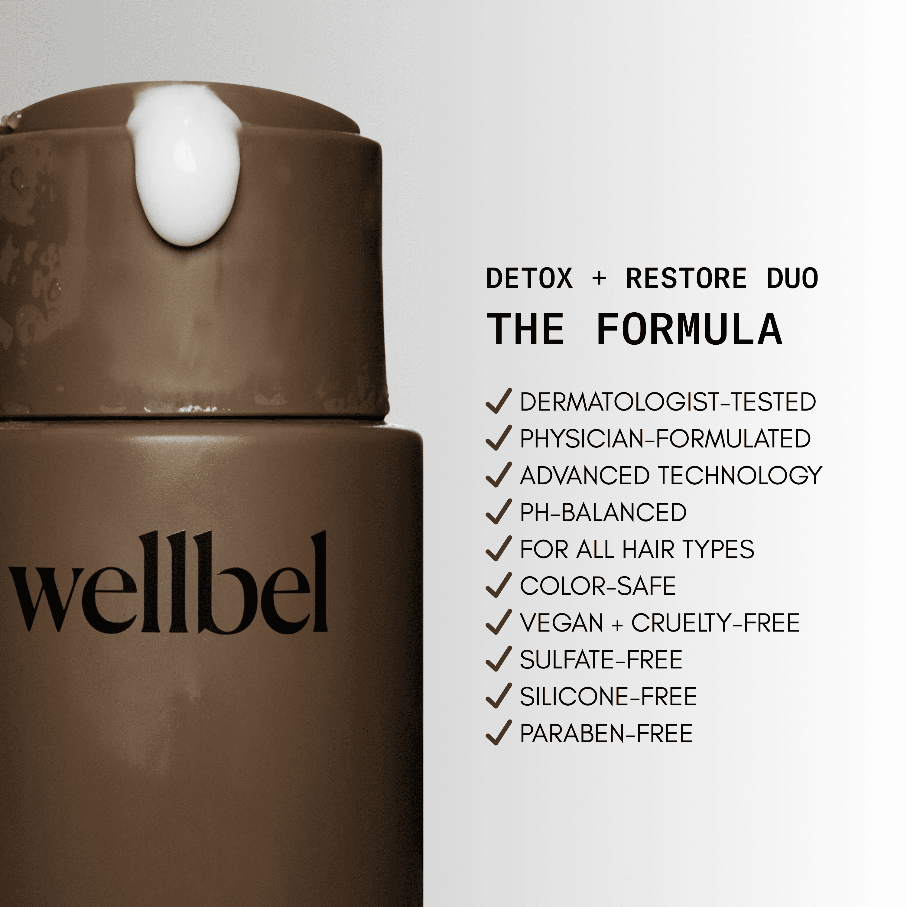 Brown bottle with text listing hair product features.