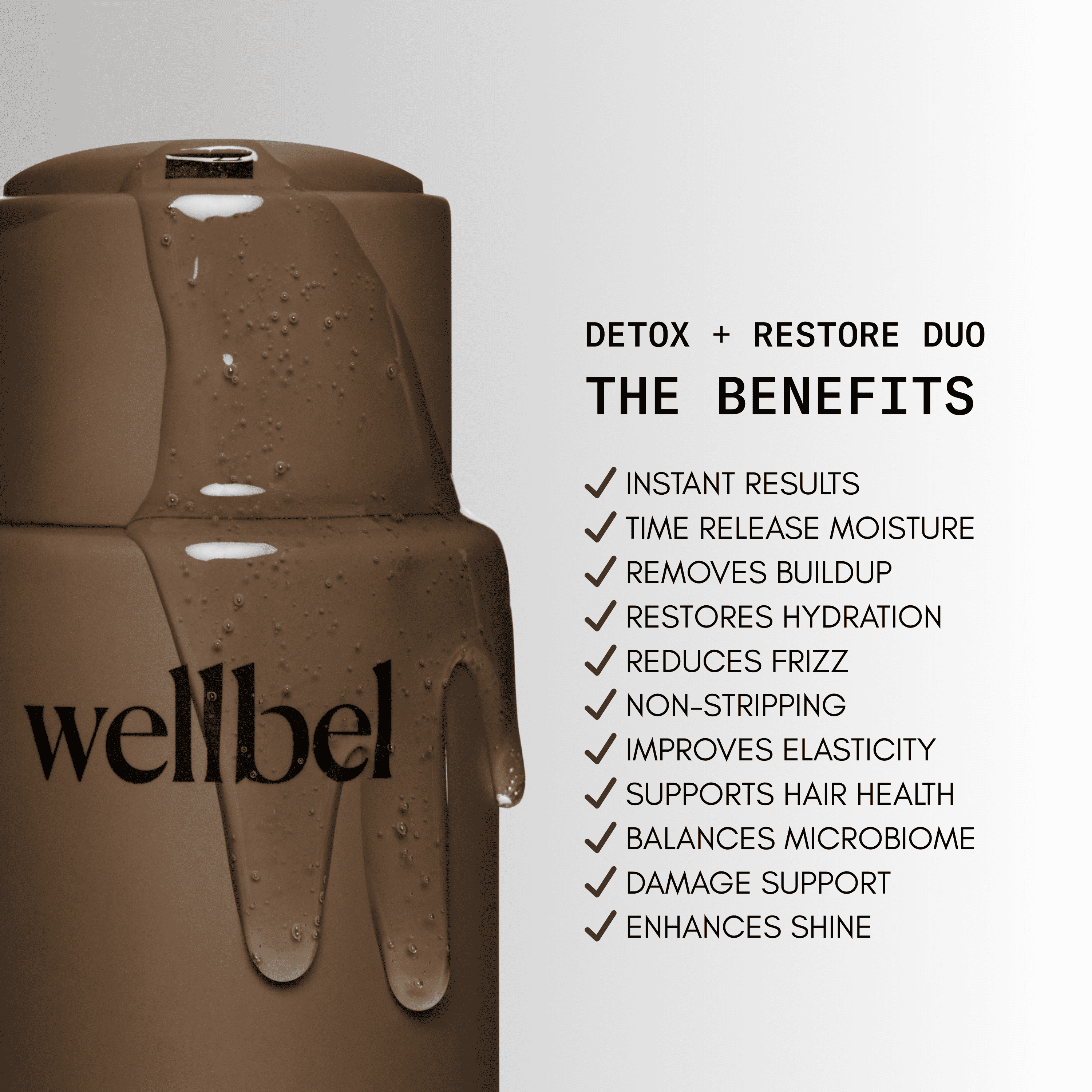 Brown bottle with liquid, text listing hair product benefits.