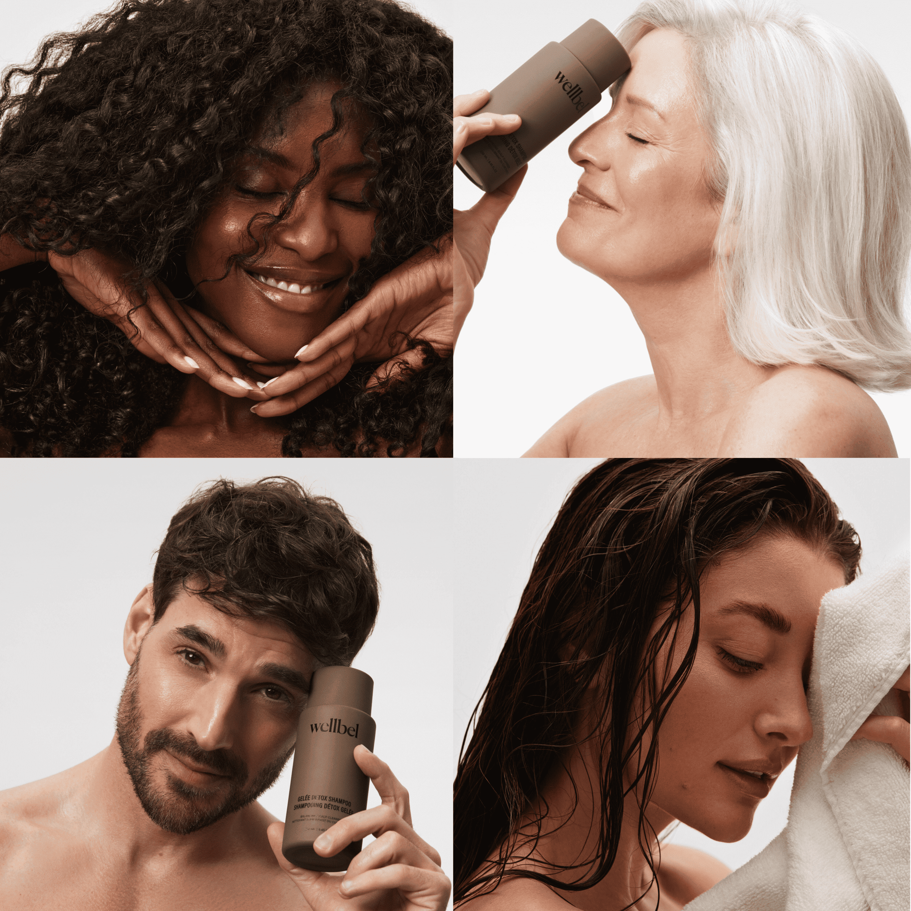 Four people holding or using a product labeled 'wellbel' in a collage.