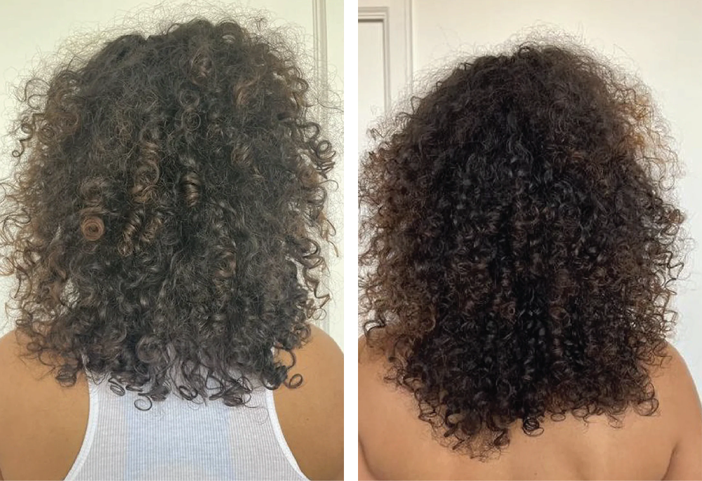 Side-by-side comparison of curly hair before and after treatment.