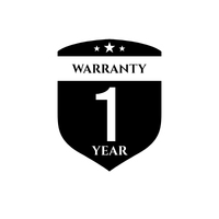 A white shield-shaped icon with three stars and the text 'Warranty 1 Year' on a black background.