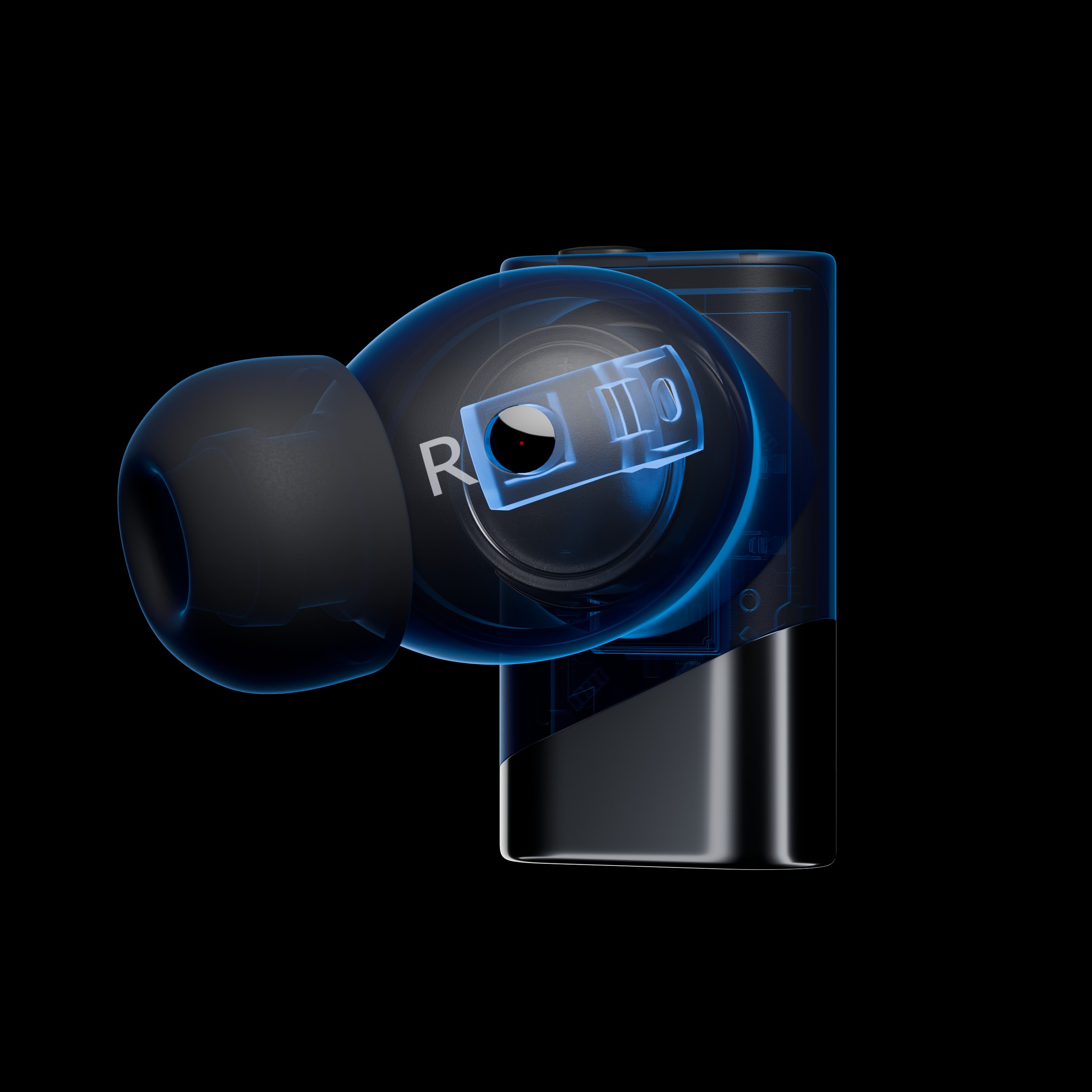 An X-ray style render of a single black earbud, showing its internal components against a black background.