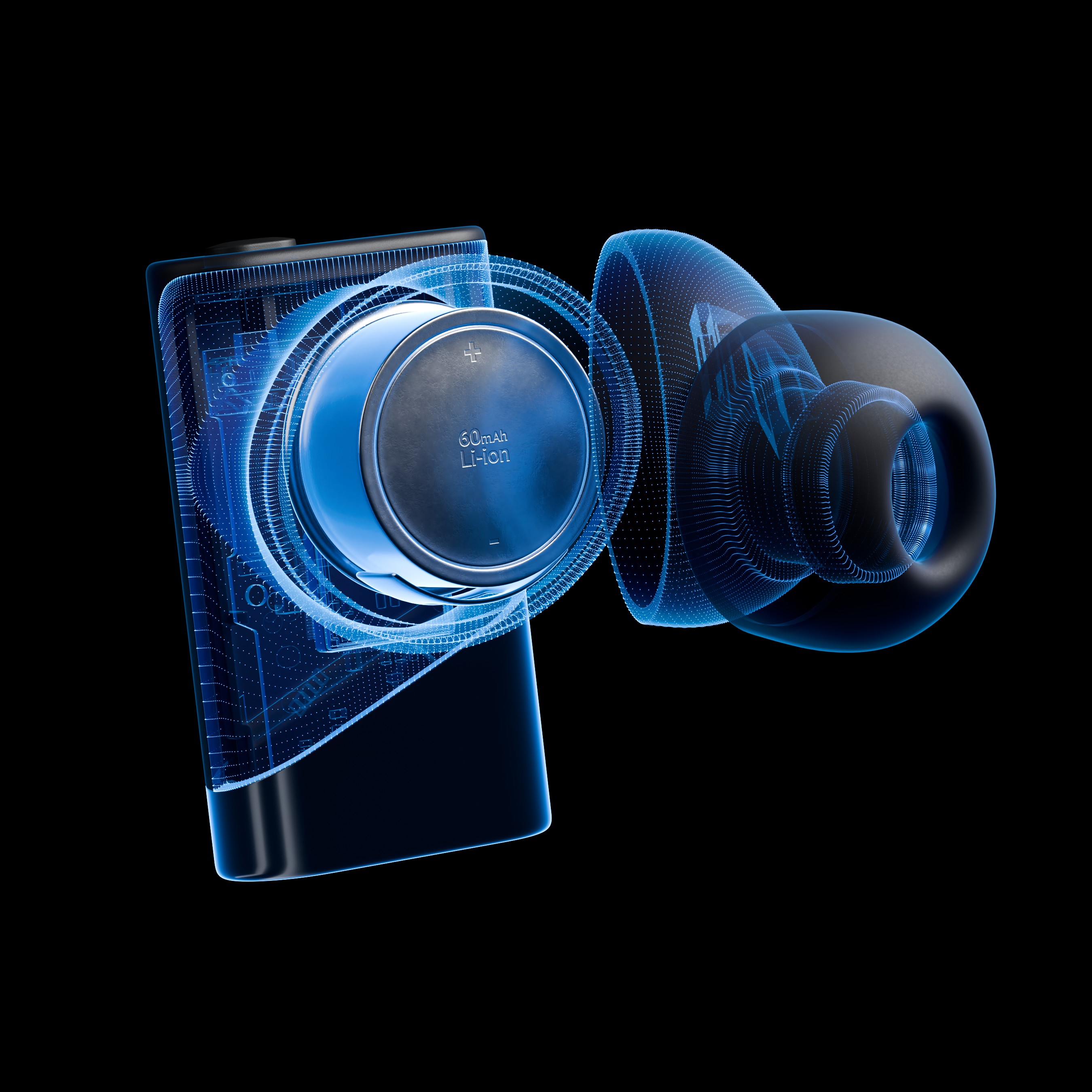A futuristic x-ray view of an earbud showing its internal 60mAh Li-ion battery and other components.