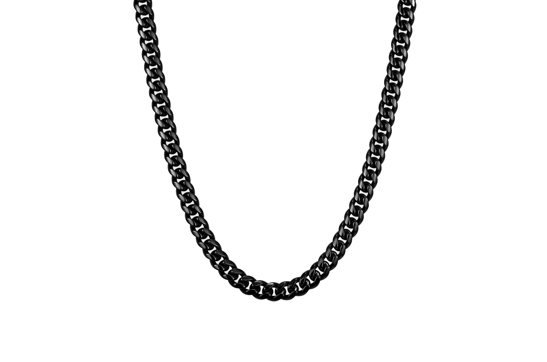Black chain necklace on a white background.