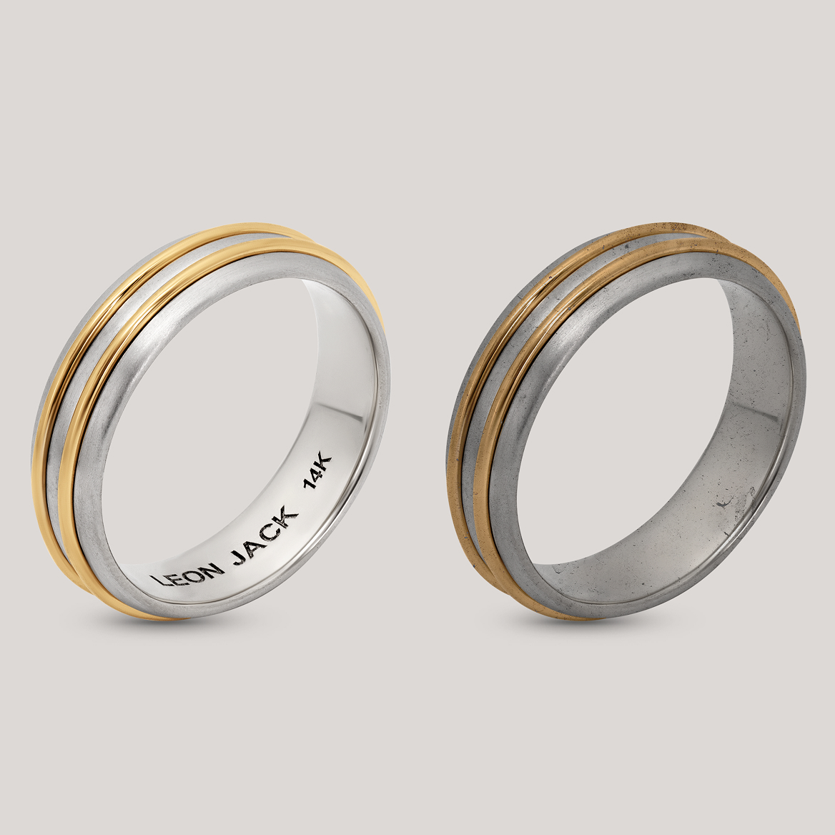 Two silver rings with gold accents, one engraved with 'LEON JACK 14K.'
